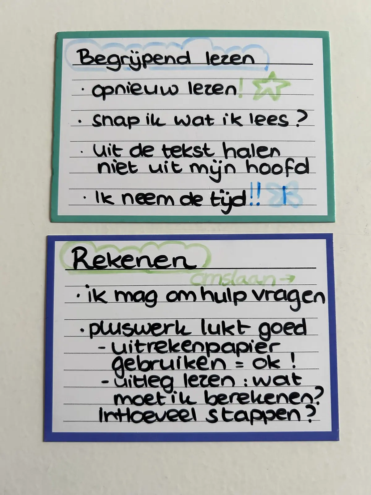 Twee persoonlijke strategiekaartjes voor rekenen en begrijpend lezen